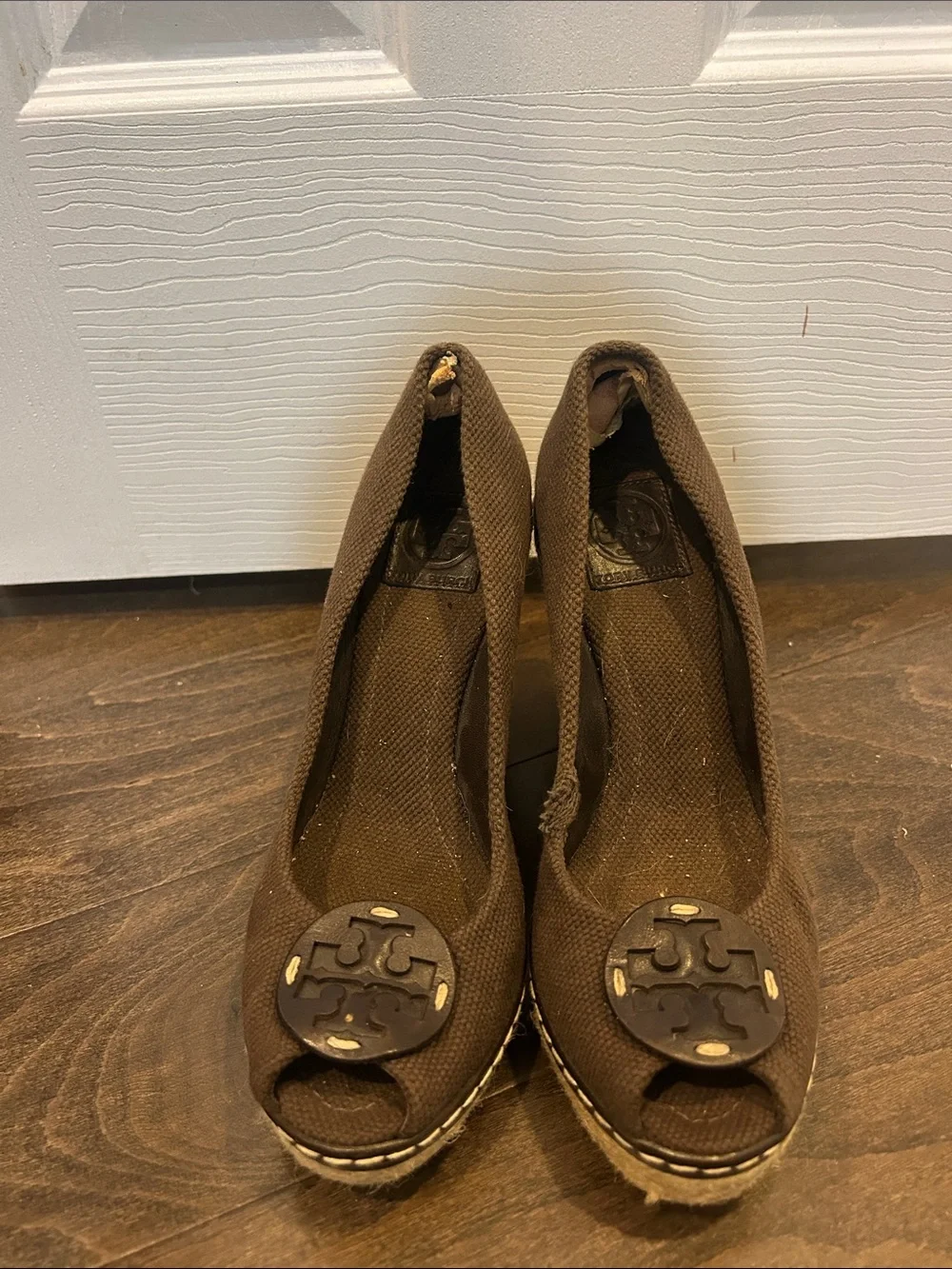 Tory Burch Brown Canvas Open-Toe Wedge Sandals